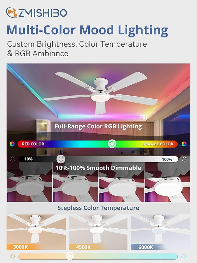 ZMISHIBO 52 Inch Ceiling Fan with RGB Lights, Low Profile Flush Mount with Alexa/App/Remote, Dimmable 20W LED Light, White Modern for Living Room, Bedroom, Game Room