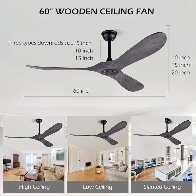 60 Inch Ceiling Fan without Light ，Wood Indoor Outdoor Ceiling Fans No Light for Patios Big Outside Farmhouse Ceiling Fan for Living Room Dining Room (Grey)