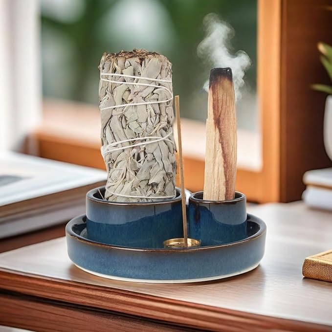 4 in 1 Incense Holder, Ceramic Incense Stick and Palo Santo Holder,Sage Holder for Burning- 4.25" Ceramic Ash Catcher Tray for Meditation and Yoga Room (Blue)