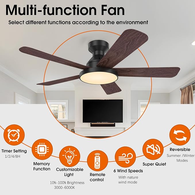Ceiling Fans with Lights, 46" Low Profile Ceiling Fan with Light, Remote/App Control, Flush Mount Black Ceiling Fan for Bedroom, Indoor/Outdoor (Dark Wood)