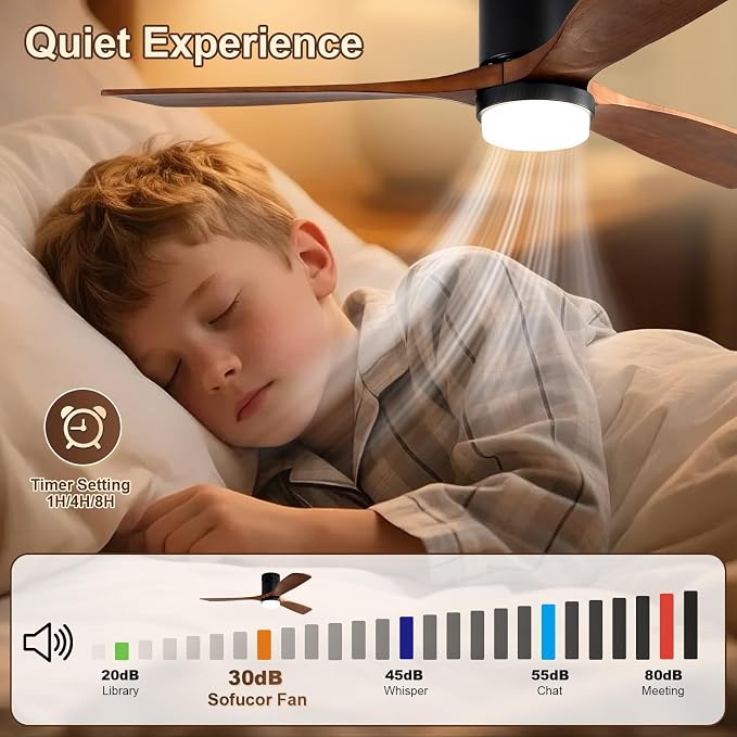 Sofucor 52 Inch Smart Ceiling Fans with Lights, Flush Mount Ceiling Fan with Lights and Remote, Work with Alexa/Google/App, Quiet DC Motor, 3 Blade Wood Ceiling Fan for Bedroom Patio, Walnut&black