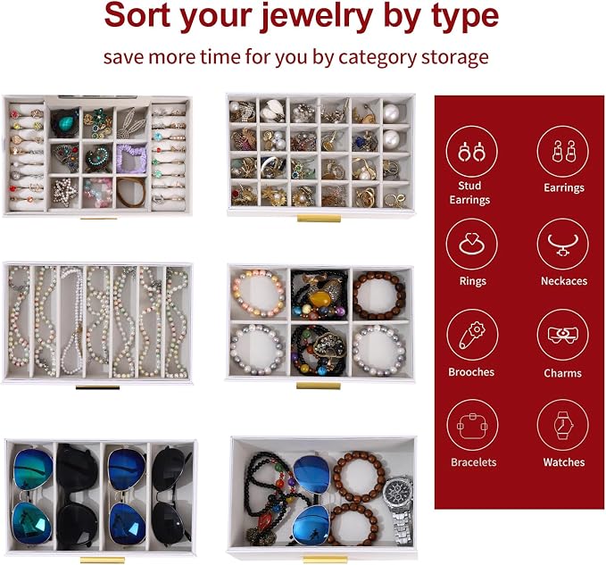 BOOVO Jewelry Boxes for Women, White and Black 6 Layer Large Jewelry Box for Necklace, Bracelet, Earrings, Rings Storage, Jewelry holder Organizer for Girls Gift (Clear White, 6 layer)