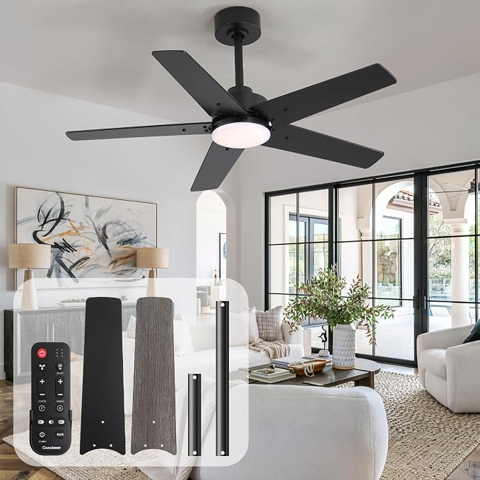 42 Inch Ceiling Fans with Lights and Remote for Bedroom Living Room Kitchen Home Office Indoor/Outdoor, 6CCT Dimmable, Dual Color 5 Blades, 6 Speed Reversible Quiet DC Motor, Black/Wood Grain