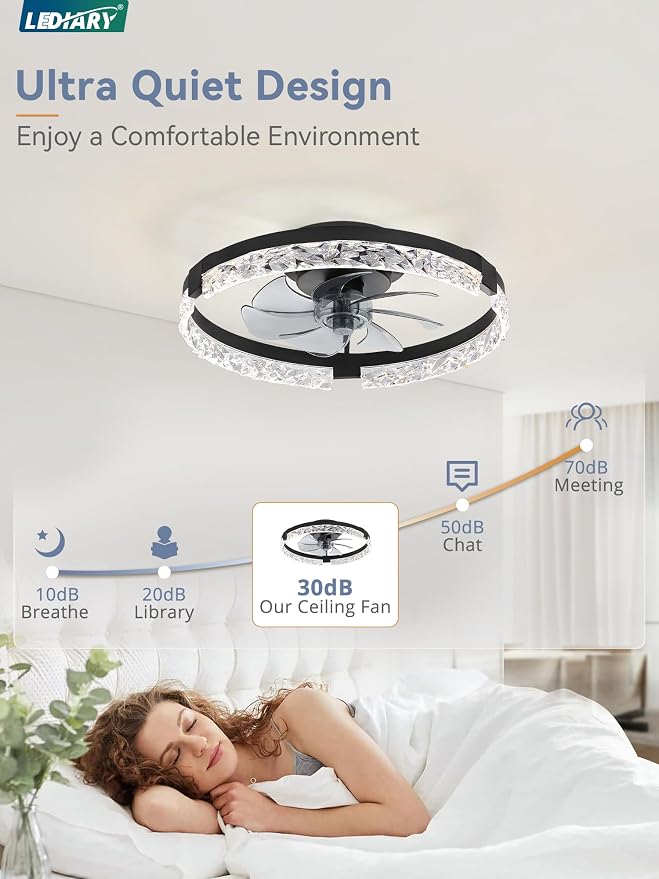 LEDIARY 20 Inch Low Profile Ceiling Fans with Lights and Remote, Fandelier Ceiling Fan Flush Mount, 3000K-6000K Dimmable LED Fan Light, Black Modern Ceiling Fans with Lights for Bedroom