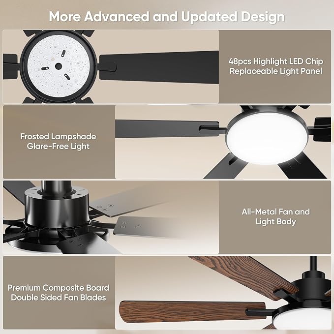 52 Inch Ceiling Fans with Lights, 6 Double Sided Blades, Ultra Quiet Reversible DC Motor, Remote & APP Control, 6 Speeds, 3CCT Dimmable LED with Memory Function, Downrod Mount for Living Room, Black
