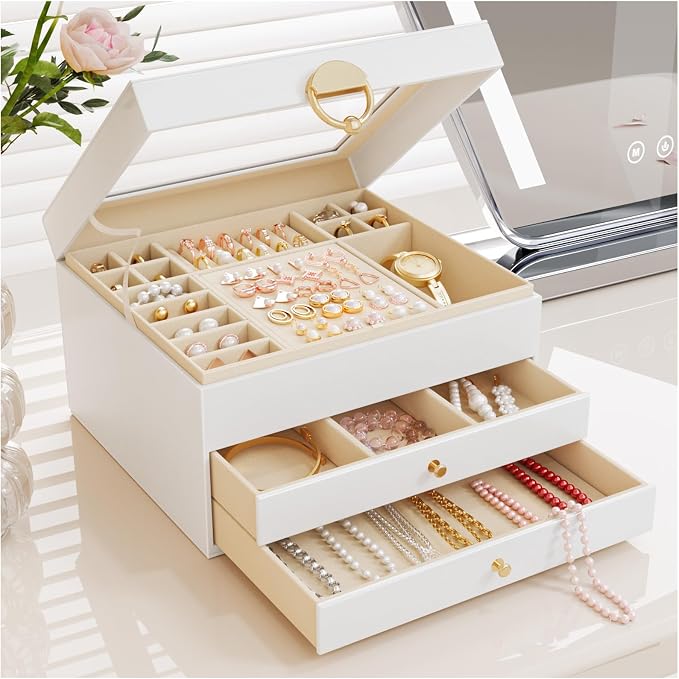 Jewelry Box - 3 Layer Jewelry Organizers and Storage with Clear Lid & 2 Drawers,Jewelry Boxes for Women, Watch Necklace Ring Earring Storage Gift Case, Cloud White | Jewelry Boxes For Women – Velvet Lining, Tangle-Free Storage – Watch, Bracelet, Ring, ...
