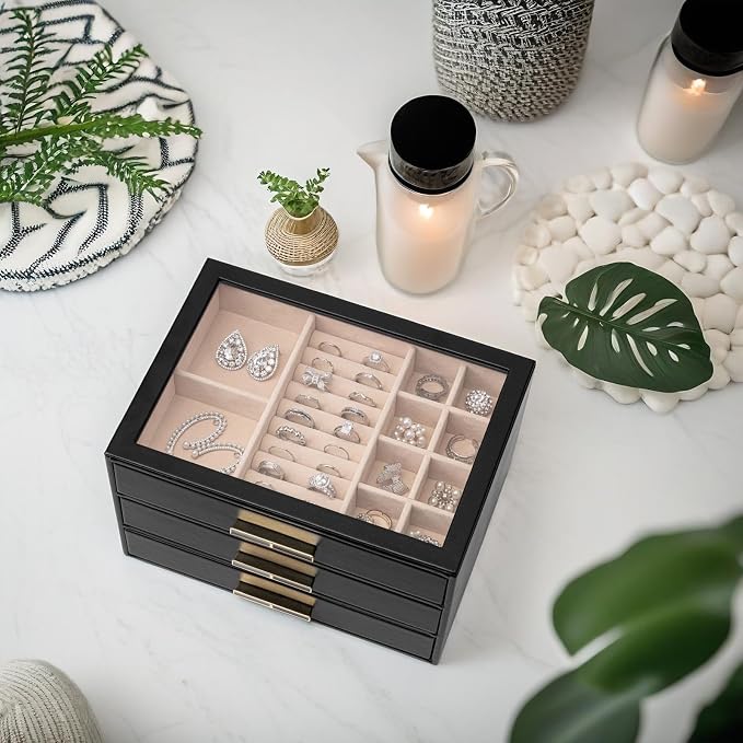 VLANDO 3-Drawer Jewelry Box with Glass Lid, Faux Leather Organizer for Rings Earrings Necklaces and More, Gift-Ready Jewelry Case for Women Girls or Moms, Black