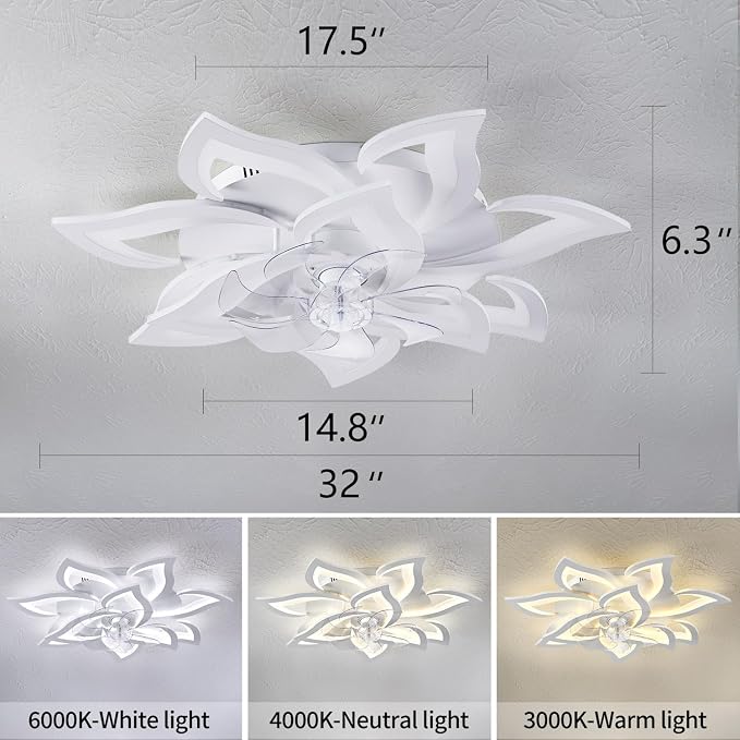 Dalouguan Modern Ceiling Fan with Lights Remote Control, 32" White 6 Speeds 3 Light Color Low Profile Flush Mount Ceiling Fan for Kitchen Bedroom