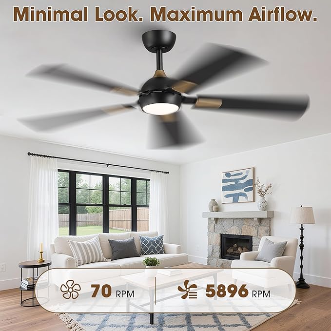 52 Inch Ceiling Fan with Lights and Remote, DC Motor Quiet 6-Speed Reversible Fan, Dimmable LED 3000K/4000K/6000K, Smart APP Control, Modern Black & Gold Ceiling Fan for Bedroom Living Room