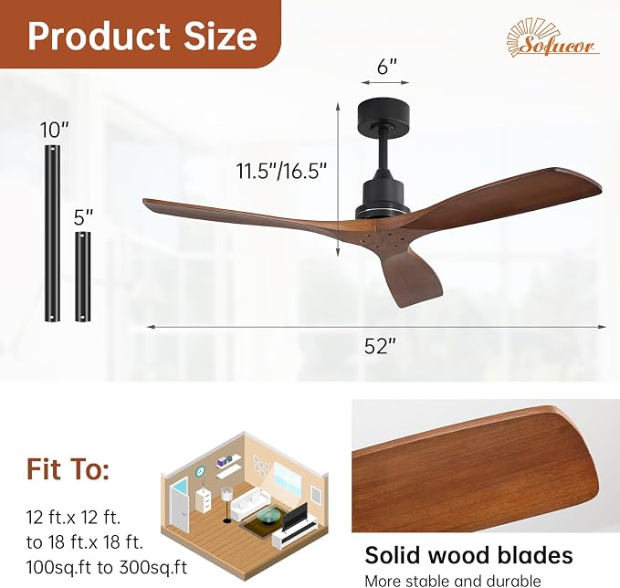 Sofucor 52 Inch Ceiling Fan No Light - Modern Solid Wood Ceiling Fan with Remote, 5000CFM High Airflow, Quiet DC Motor, 3 Rods & 6 Speeds, Timer & Reversible for Bedroom Living Room, ETL, Walnut