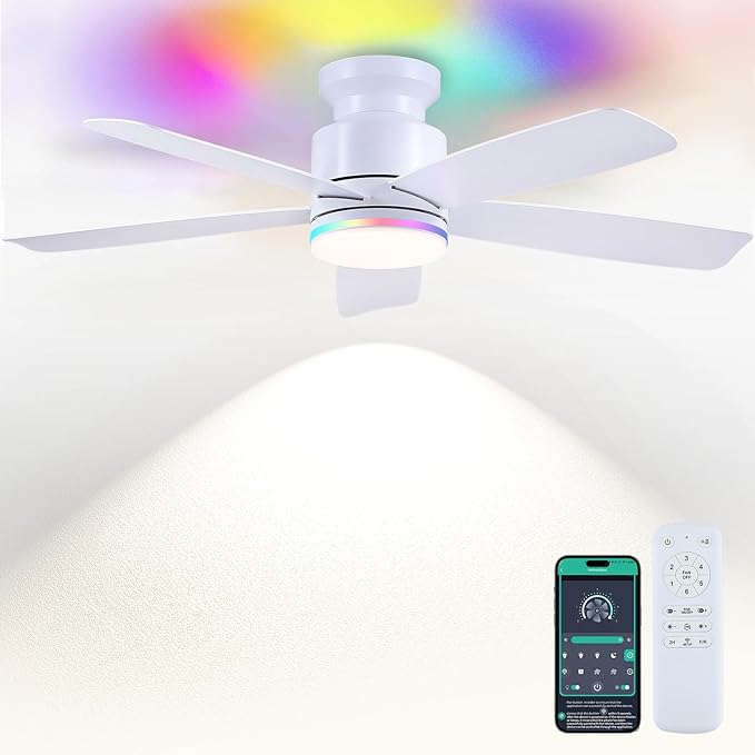 Wiviniya 46 Inch White Flush Mount Ceiling Fans with Lights, 5 Blades Reversible, 6-Speed 2H Timer, RGB & 3 CCT Dimmable, Remote & APP Control for Bedroom Kidsroom