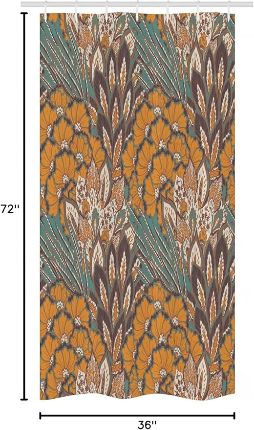 Ambesonne Floral Stall Shower Curtain, Pattern of Flowers and Peacock Feathers Floral Arrangement Art, Fabric Bathroom Decor Set with Hooks, 36" W x 72" L, Petrol Blue Pale Coffee