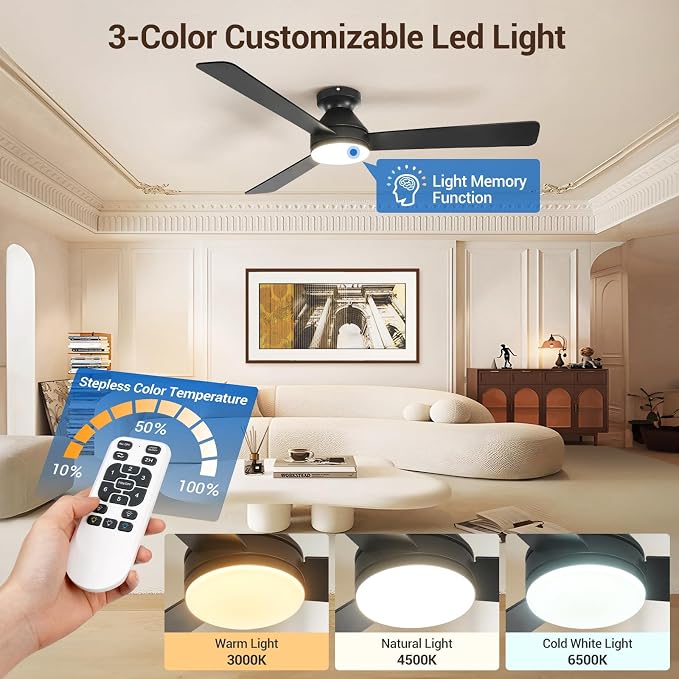 52 Inch Ceiling Fans with Lights, Remote Control, 3CCT, Dimmable&Adjustable Wind Speed, Timer Function, Reversible, Quiet, Energy-Saving Ceiling Fan with Light for Bedroom, Living Room Indoor/Outdoor