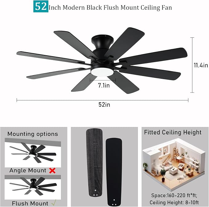 KNUN 52 Inch Ceiling Fan with Light,Low profile Ceiling Fans with Remote Control or App Control, 8 Blades, Noiseless, DC Motor, Flush Mount Ceiling Fan for Bedroom,Living Room, Indoor/Outdoor Black