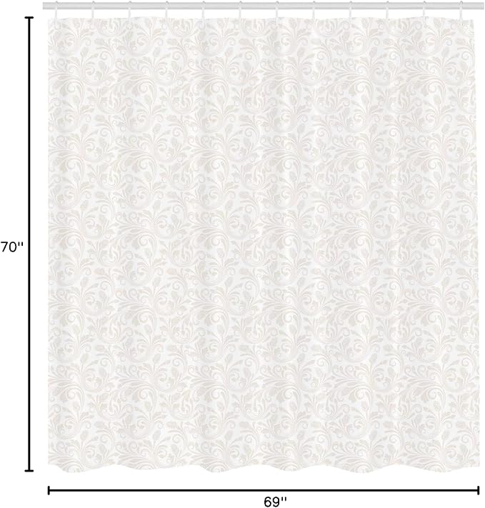 Ambesonne Ivory Shower Curtain, Medieval Victorian Petals Baroque Soft Toned Blooms Swirls Flourish Spring Pattern, Cloth Fabric Bathroom Decor Set with Hooks, 69" W x 70" L, White Beige
