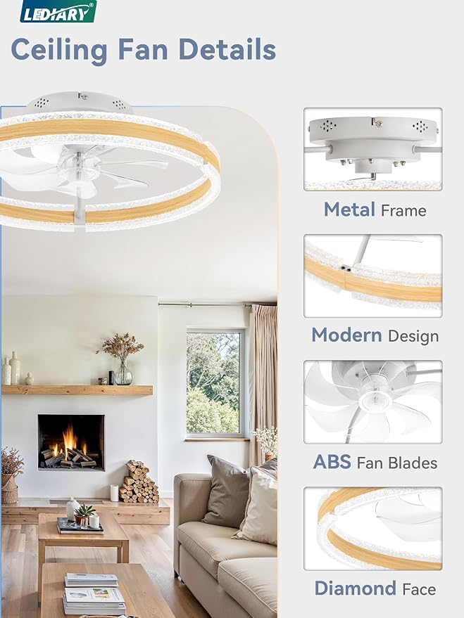 LEDIARY Ceiling Fans with Lights and Remote, 20'' Low Profile Ceiling Fan with Light, 3000-6000K Dimmable Fandelier Ceiling Fans, Modern Flush Mount Fan Light for Bedroom with 6 Wind Speeds-Wood Grain