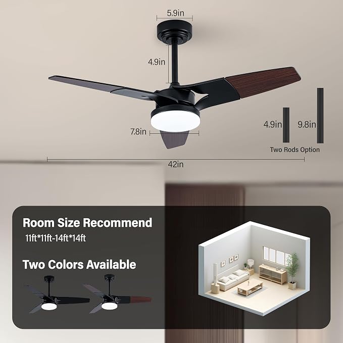 Ceiling Fan with Lights and Remote, 3 Blade App Control Timer Reversible Stepless Brightness and Color Temperature Outdoor Wood Ceiling Fan with Lights (Black, 42 In'ch)