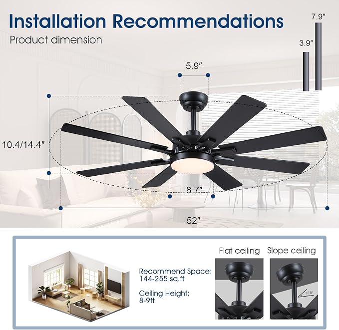 Kviflon 52 Inch Ceiling Fans with Lights, Modern Black Ceiling fan with light for Bedroom Living Room Indoor Outdoor, Remote/APP Control, Reversible Quiet DC Motor, Dimmable LED, 8 Wooden Blades