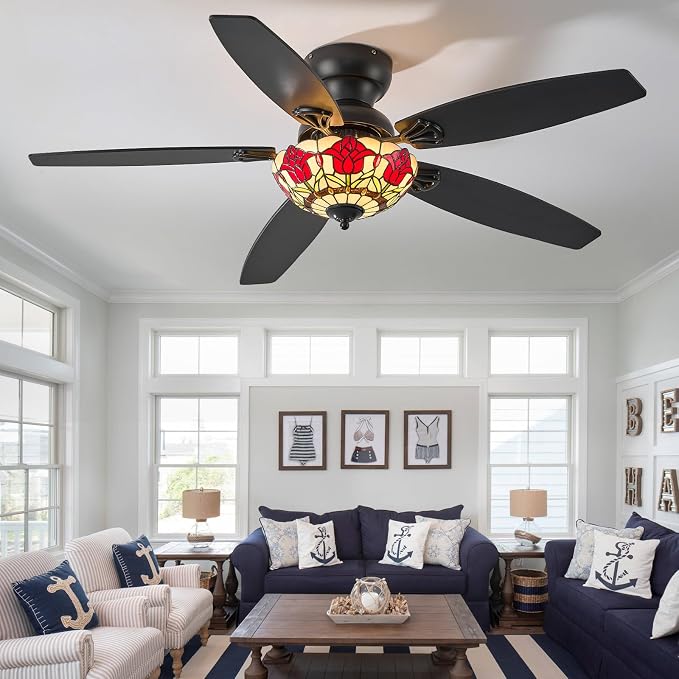 Tiffany Ceiling Fans with Lights - 52" Ceiling Fan Chandelier with 5 Dual-Blades and Glass Shade, 6 Speeds and Reversible, Indoor and Outdoor, Retro Style