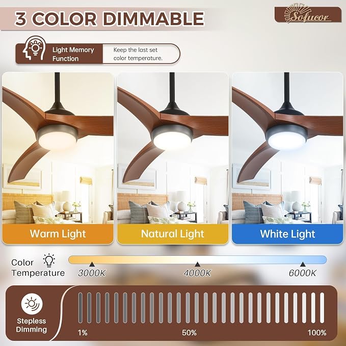Sofucor 52 Inch Ceiling Fan with Light, Outdoor Farmhouse Ceiling Fan with Lights Remote Control Airflow 6000CFM 3 CCT Dimmable 3-Timer ABS 3 Blades Reversible DC Motor for Living Room Bedroom Patio