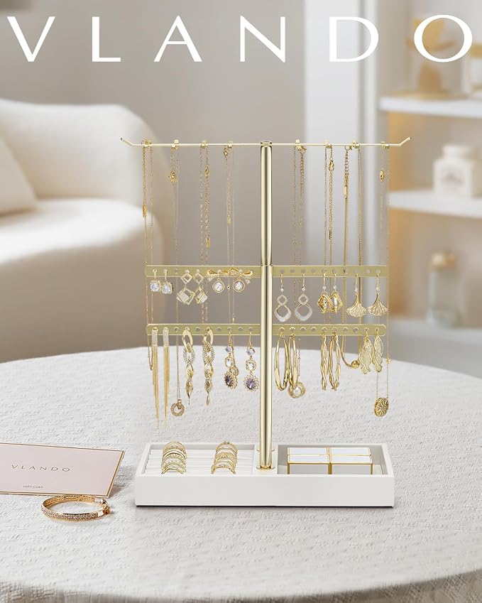 VLANDO 2 Tier Jewelry Stand Organizer with Tary, Leather Jewelry Holder Display for Women, Gold Jewlery Holder Stand for Necklace, Earring, Bracelet, Rings - White