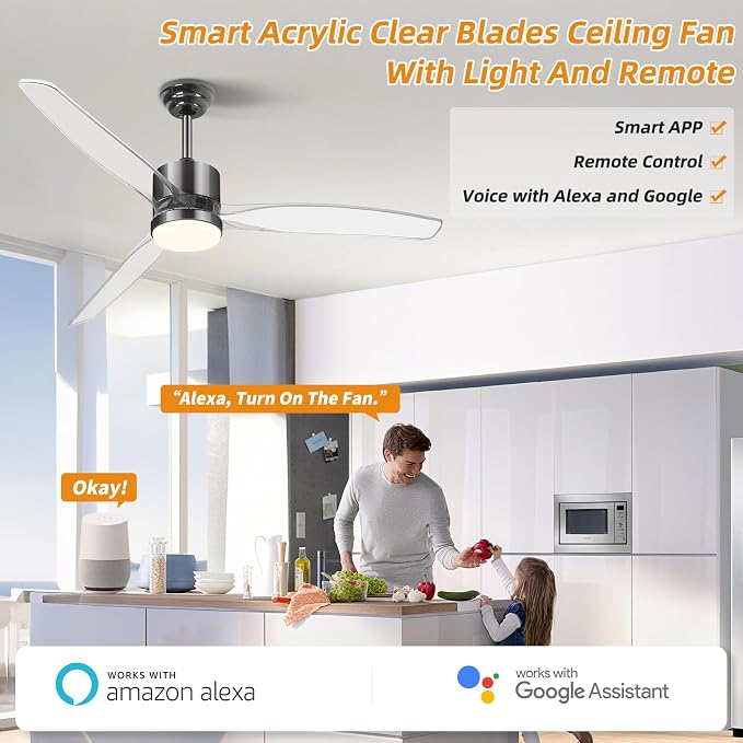 OKELI 52" Smart Ceiling Fan with Light, WiFi Enabled for Alexa & App Control, Reversible Black Modern Ceiling Fan with Dimmable LED Light and Remote, Clear Blades for Living Room Bedroom