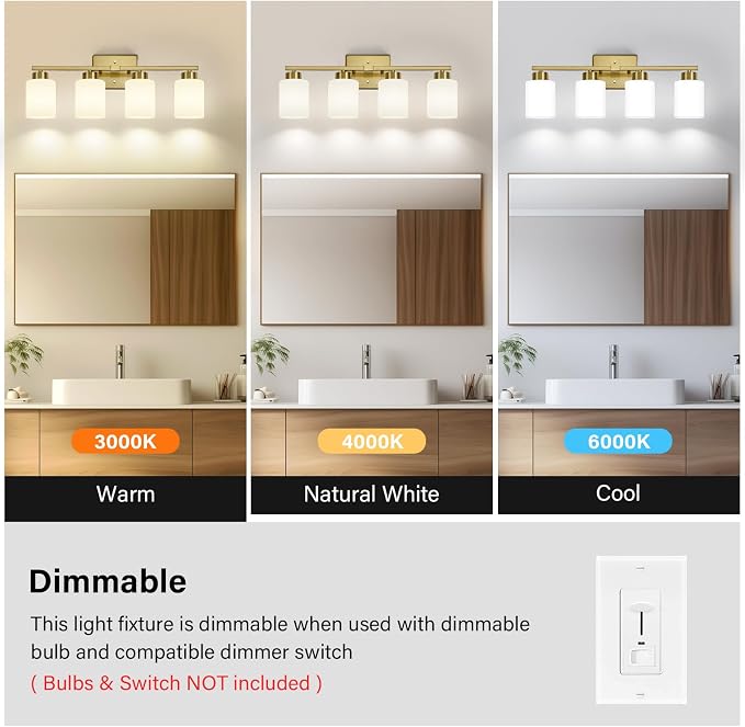 FonmYim Brushed Gold Bathroom Light Fixtures, 4-Light Modern Vanity Light Over Mirror, Wall Sconces with Milky White Frosted Glass Shades, E26 Socket (Bulbs Not Included)