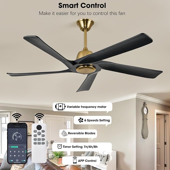 60" Black and Gold Ceiling Fan No Lights, Remote and APP Control, 6-speed Reversible, Quiet DC Motor, Wood Ceiling Fans for Bedroom, Living Room, Office, Outdoor Patio