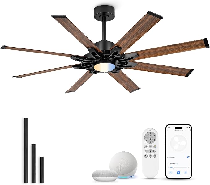 60 Inch Ceiling Fan with Light, Indoor Outdoor Ceiling Fan with 8 Aluminium Wood Grain Metal Blades, Smart Fan with Alexa, Modern Quiet Fan for Patio, Garage, Living Room, ZCCF05AWD-60