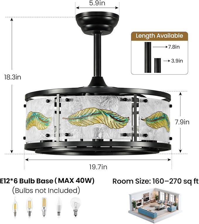 AIJIASI 20" Black Caged Ceiling Fan with Lights, Fandelier Ceiling Fan with Lights Remote Control, 6 Speeds Mid Century Chandelier Ceiling Fan for Bedroom Living Room Nursery