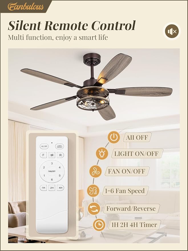 Fanbulous Farmhouse Ceiling Fan with Light and Remote, Industrial Caged Flush Mount Ceiling Fans with 6 Speed Reversible Motor and Dual Finish 5 Blades, for Living room, Bedroom (Oil Bronze, 52Inch)