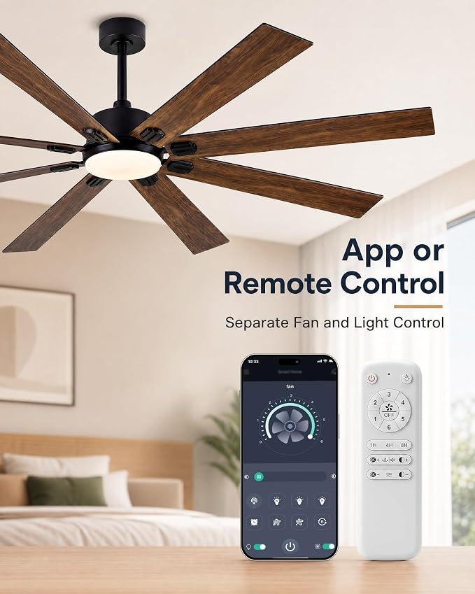 Ceiling Fans with Lights, 72 Inch Brown Indoor Fan with Remote and App Control, Dimmable LED Light, 6 Speeds, Reversible Airflow, Low Noise for Bedroom Living Room Kitchen