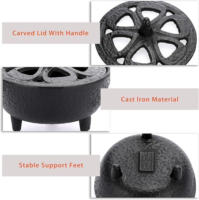 JUXYES Vintage Tripod Incense Burner Holder with Lid, Cast Iron Incense Holder Metal Cauldron Censer Antique Cone Coil Incense Burner Holder for Incense Resins, Charcoal, Cones or Wax Melts
