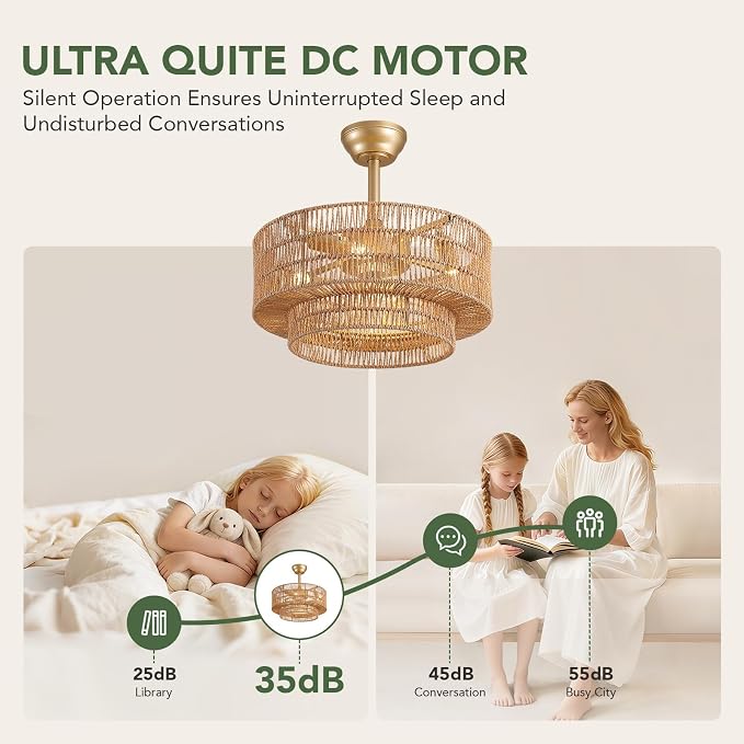 20" Boho Ceiling Fan Light and Remote, Rattan Ceiling Fan light Caged Fandelier with Lights Flush Mount, 6 Wind Speeds Enclosed Ceiling Fan for Bedroom, Living Room, Dining Room