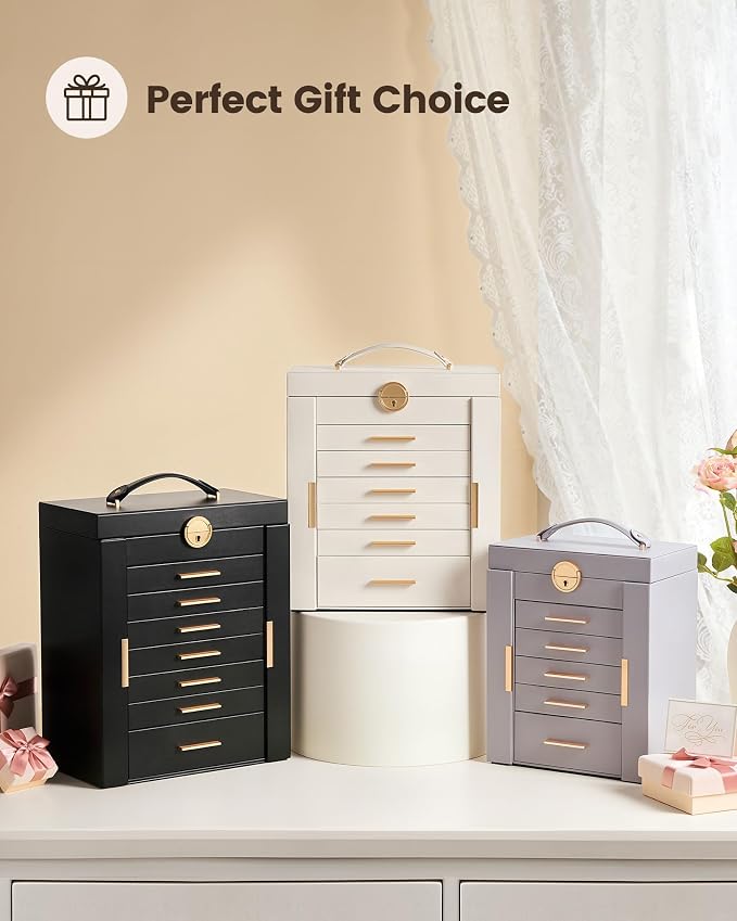 Lolalet Large Jewelry Box Organizer for Women, 8-Layer Jewelry Organizers and Storage Case with Mirror & 7 Drawers, Lockable Watch Ring Earring Bracelet Necklace Holder Girls Gift -8Layer, Beige