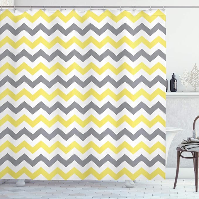 Ambesonne Geometric Shower Curtain, Horizontal Chevron Pattern Zigzag Endless Simplicity Design Print, Cloth Fabric Bathroom Decor Set with Hooks, 69" W x 70" L, Yellow White