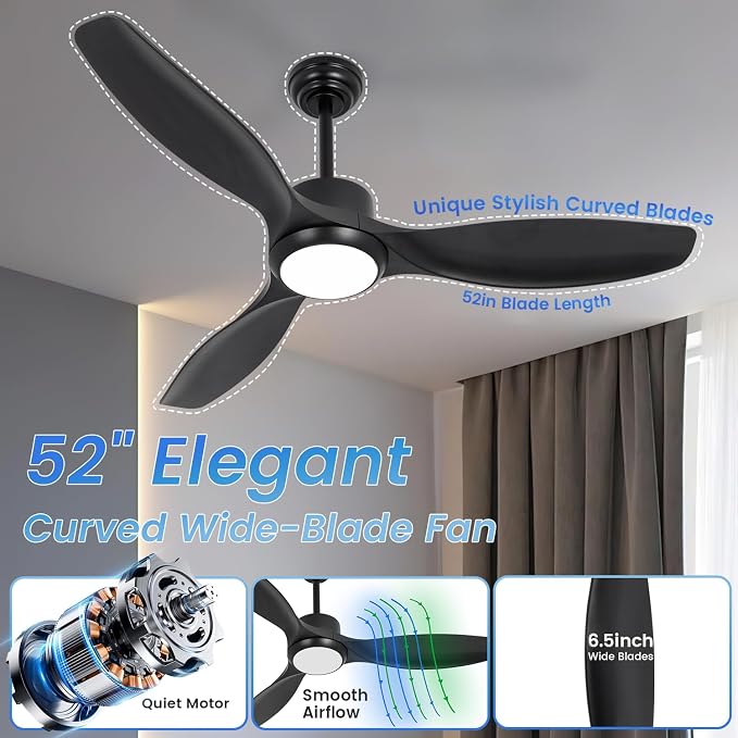 52" Ceiling Fans with Lights and Remote, Black Ceiling Fan with 3 Color Dimmable LED Light, 6 Speed, DC Motor, for Bedroom/Living room/Outdoor, Black