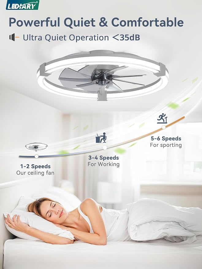 LEDIARY Ceiling Fans with Lights, 23 Inch Low Profile Ceiling Fan with Remote, 6 Speeds, Reversible, Dimmable Flush Mount Fan Light, Modern Fandelier Ceiling Fan with Lights for Bedroom, Grey