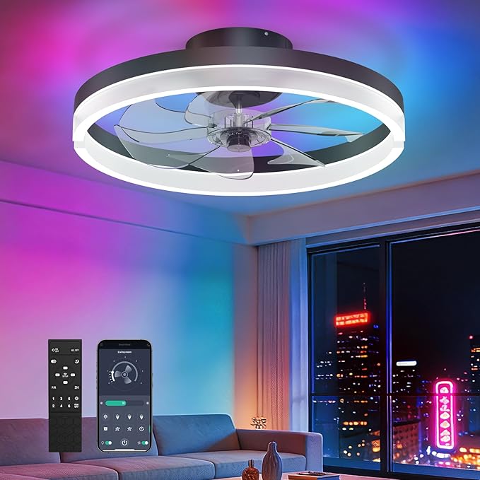 RGB Ceiling Fans with Lights and Remote, 20 Inch Flush Mount Low Profile Ceiling Fan with Light,3000K-6500K Dimmable,Modern LED Fandelier Ceiling Fan for Bedroom Living Room (Black)