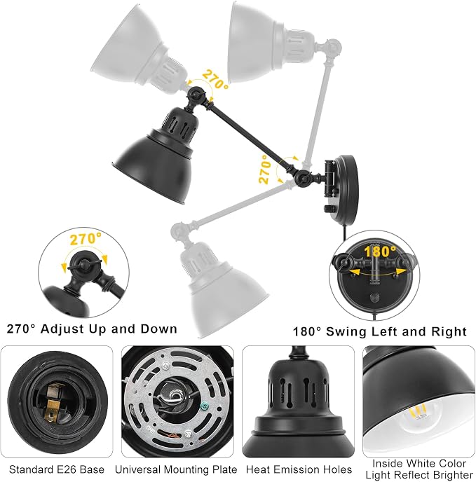 GOODATE 1 Pack Plug in Wall Sconce with Remote Control, Stepless Dimming & Stepless Colors 2700K-6500K, Plug in Wall Light, Swing Arm Wall Lamp with Night Light & Timer, LED Bulb Included