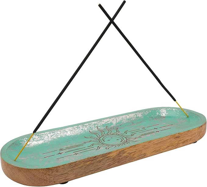 Handcrafted Wooden Incense Holder Inlay with Boat Shape Design Agarbatti Dhoop Stand Spiritual Sun and Moon Design Indian Traditional Festival Home Décor Meditation Pooja Use (Sky Blue)(Size:-11"X4")