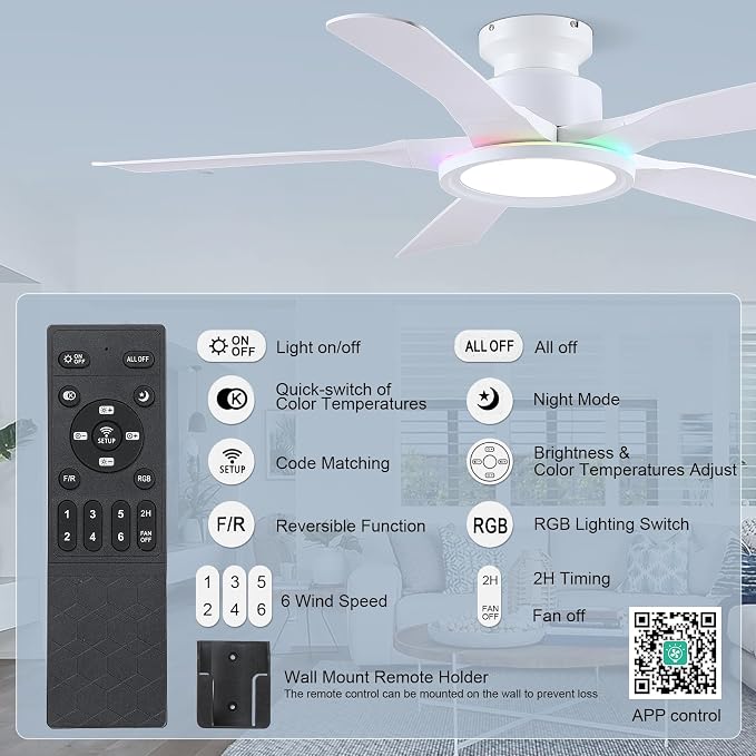 Ceiling Fans with Lights and Remote/APP Control, 52" Low Profile Flush Mount Ceiling Fan with RGB Ring Light & Dimmable, 5 Reversible Curved Blades 3 CCT 6 Speeds for Kids Room Living Room, White