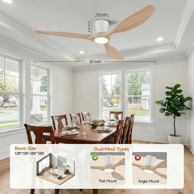 Skylike 52" Flush Mount Wood Ceiling Fan with Lights, 3 Blade Low Profile Rustic Ceiling Fan with Remote Control,Quiet Indoor/Outdoor Light Walnut Ceiling Fan for Patio,Porch, Gazebo, Bedroom