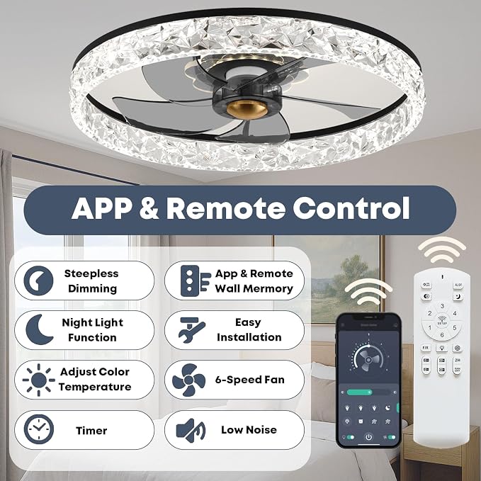FSZDORJ 20'' Ceiling Fan with Light and Remote, Low Profile Ceiling Fan with Light, Dimmable Flush Mount Ceiling Fan Light, 6 Speeds Fan, App&Remote Control, Fandelier Quiet Fan for Bedroom F098 Black