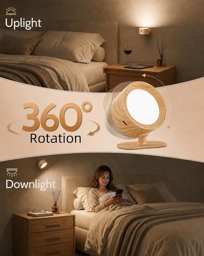 LED Wall Mounted Lights, Rechargeable Wall Sconces, 3 Color Temps, Remote & Touch, 360° Rotating and Dimmable for Bedroom, Bedside & Reading (Wood, 1 Pack)