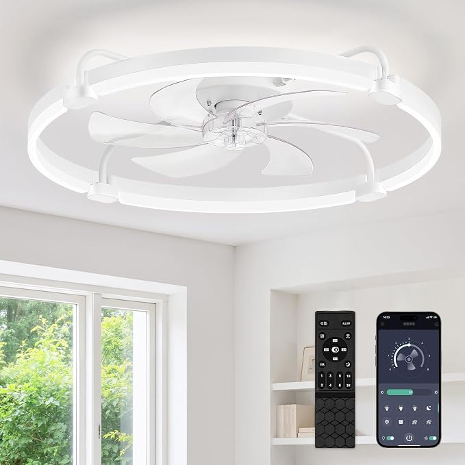 LEDIARY 26" Ceiling Fans with Lights and Remote, Low Profile Led Fan Light | Stepless Dimmable Fandelier, 6 Wind Speeds, Remote and APP Control, Flush Mount Ceiling Fan for Bedroom, Living Room, White