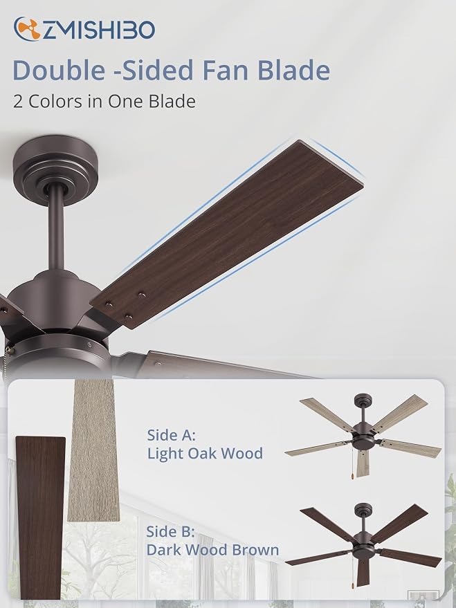 ZMISHIBO 52 Inch Ceiling Fan without Light, Farmhouse Ceiling Fan with Remote & Pull Chain, 6-Speeds, Quiet DC Motor, Brown Ceiling Fan no Light for Bedroom, office, Patio, Indoor/Outdoor Use