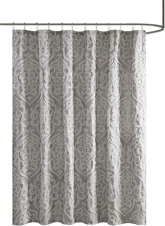 Madison Park Odette Fabric Shower Curtain Luxe Textured Jacquard, Damask Medallion Machine Washable Modern Home Bathroom Decor, Bathtub Privacy Screen, 72" x 72", Silver