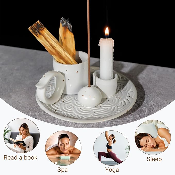 MOUGIGI 5-in-1 White Ceramic Palo Santo Burner & Holder - Small Candle and Smudge Tray for Incense Sticks & Cones, Sage, Zen Meditation Altar Accessory – Compatible with Matches for Aromatic Scents