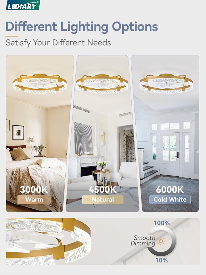 LEDIARY 24 Inch Low Profile Ceiling Fans with Lights and Remote, Flush Mount Fandelier Ceiling Fan, 3000K-6000K Dimmable LED Fan Light, Gold Modern Ceiling Fans with Lights for Bedroom